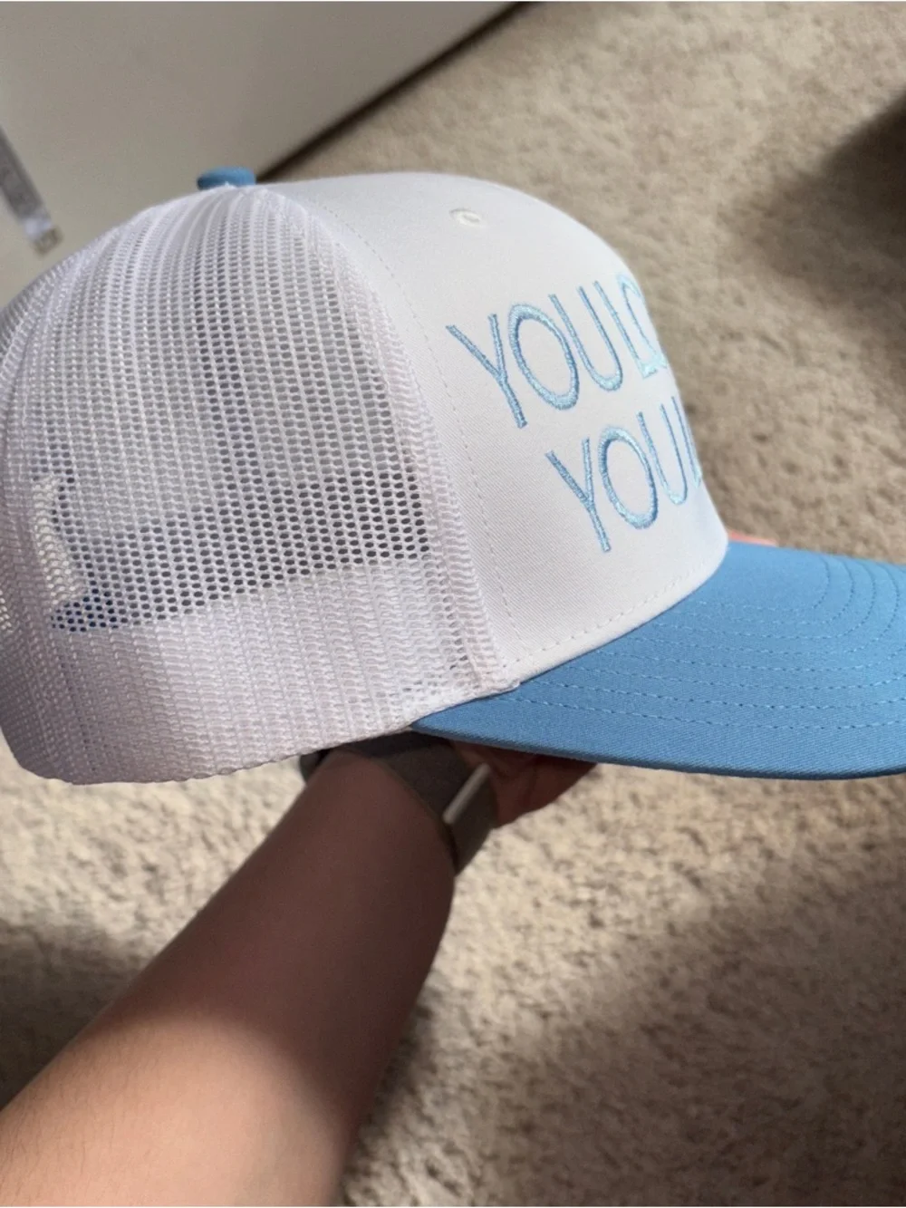 NWOT White & Light Blue Embroidered Richardson Hat “YOU LOOK LIKE YOU LOVE ME”